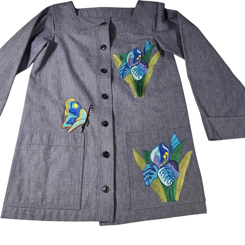 Embroidered Floral Butterfly Chambray Tunic Top‎ Blue Long Sleeve Square Neck